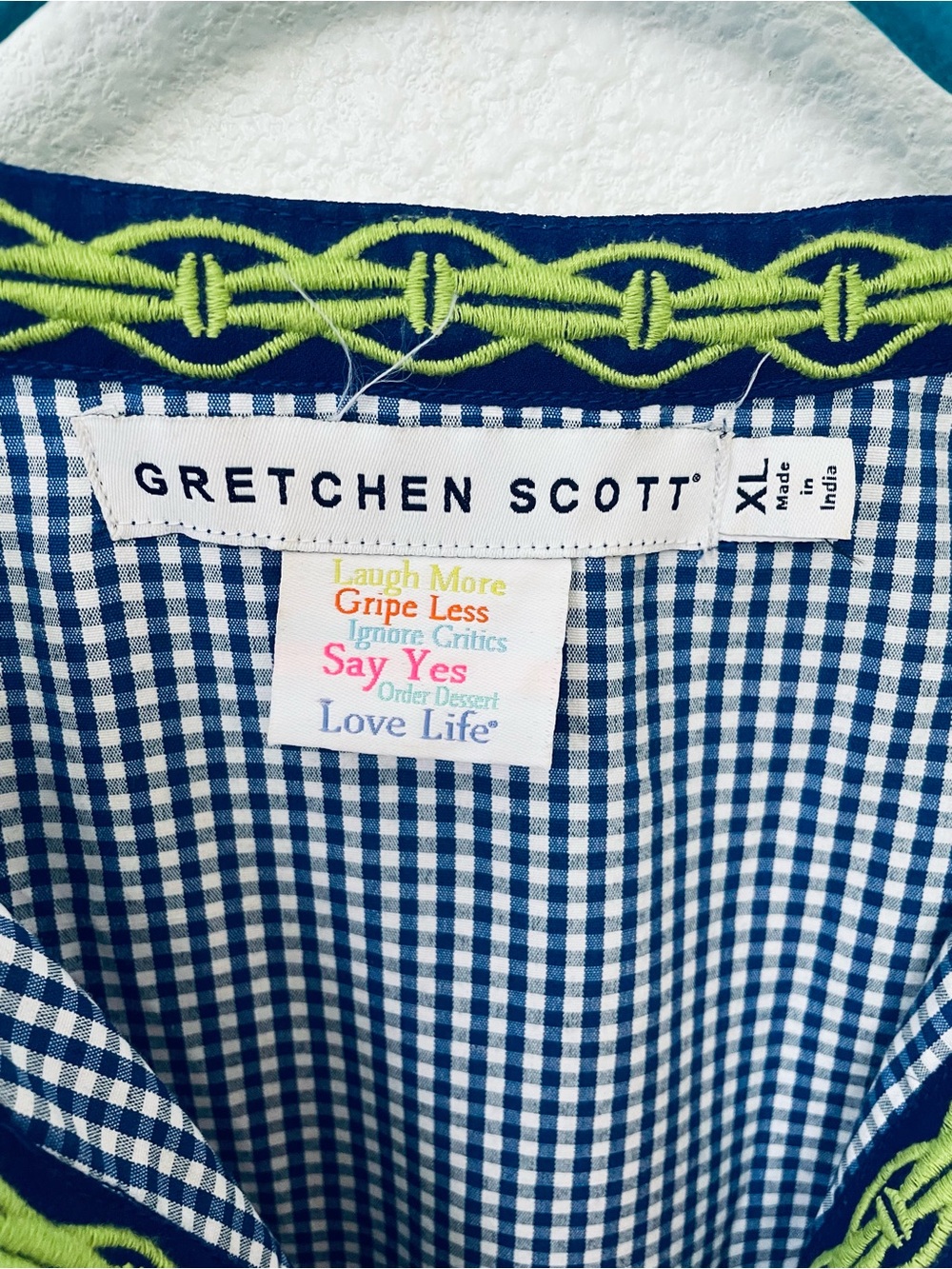 Gretchen Scott Designs Blue Gingham Dress with Bright Green Embroidery - Picture 2 of 4